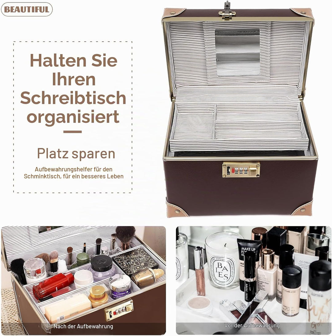 urecity Vintage Leder Kosmetikkoffer mit Spiegel - Hartschale Schminkkoffer für Damen, Reise Make-up