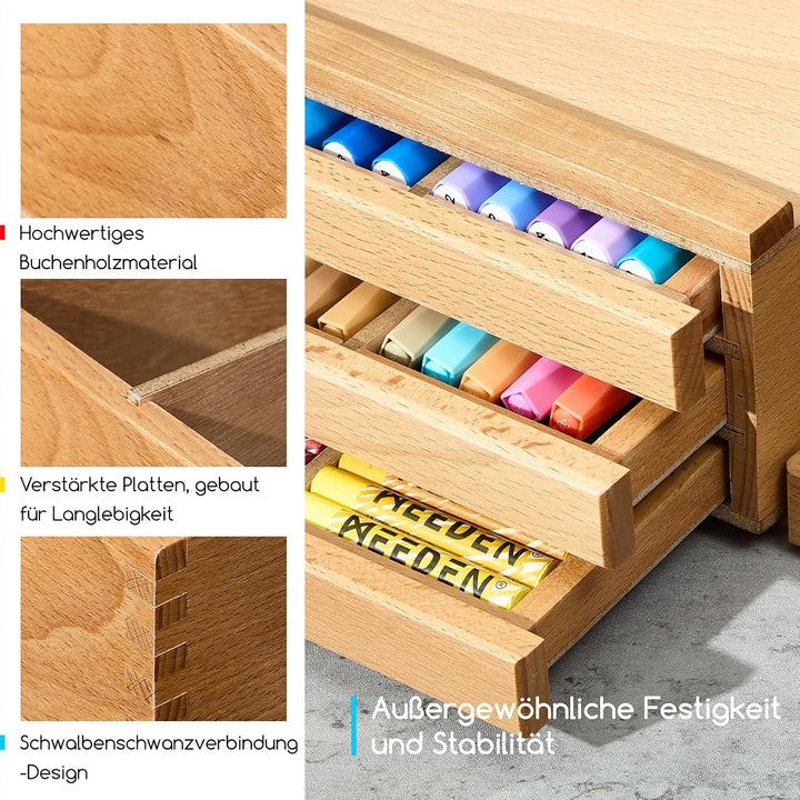 MEEDEN Aufbewahrungsbox für Künstlerbedarf: 3-stufige Kunstbox aus Massivem Buchenholz für Künstlerb