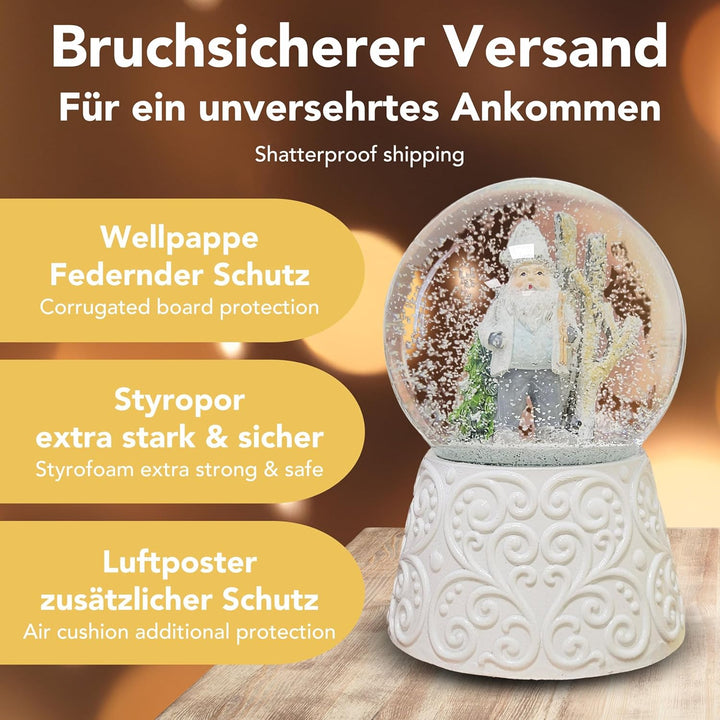 Schneekugel Weihnachten mit Musik | Weihnachtswichtel grau weiss | Sockel weiss Ornamente | H: 14cm