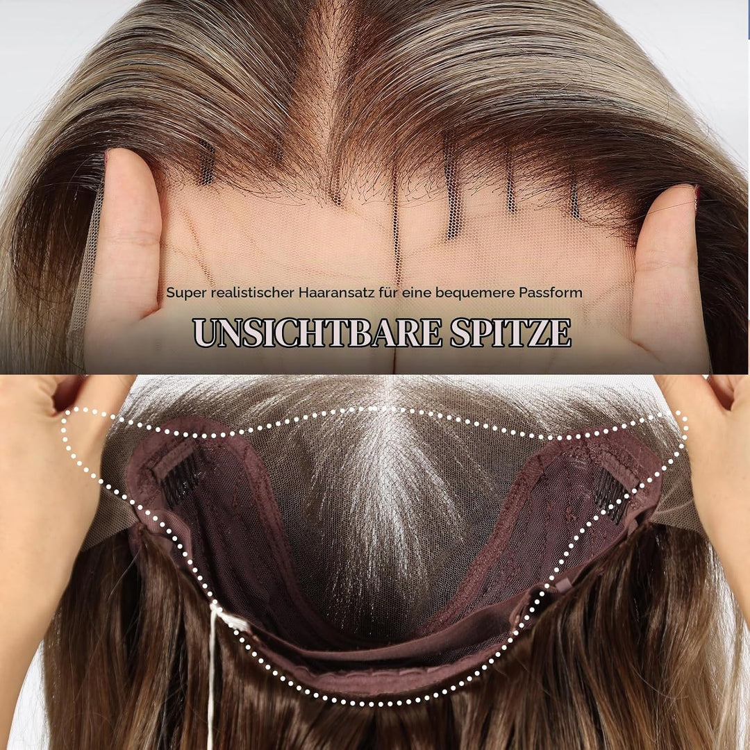 HAIRCUBE 13x6 HD Synthetische Lace-Front-Perücke, 24 Zoll Ombre Gritty Blonde Lange Lockige Stufenpe