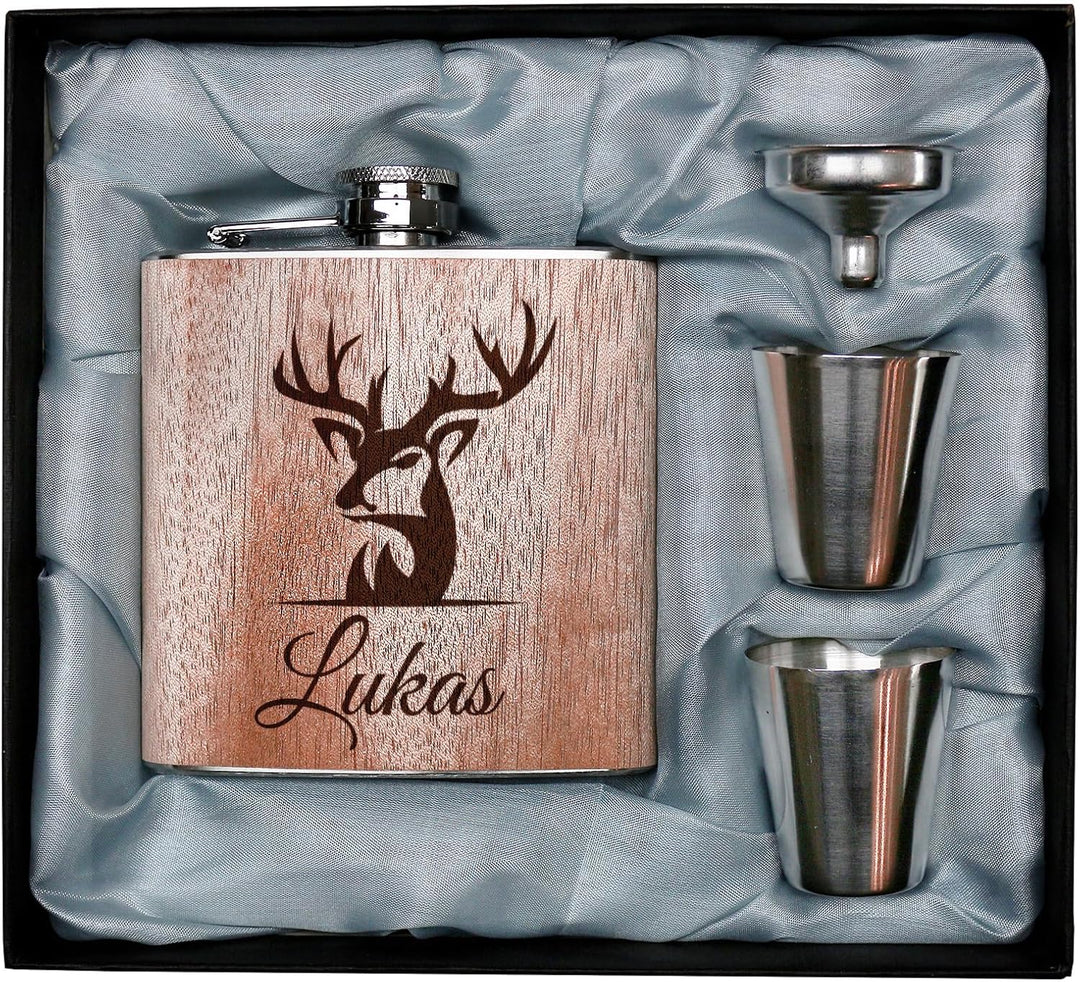 Pixelstudio Holz Flachmann mit Hirsch Gravur personalisiert mit Name! Mit Geschenkset als Männer Ges