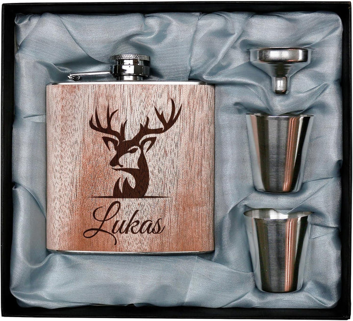 Pixelstudio Holz Flachmann mit Hirsch Gravur personalisiert mit Name! Mit Geschenkset als Männer Ges