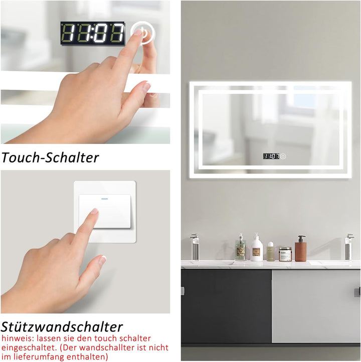 BD-Baode Badspiegel mit Beleuchtung, 50x70cm Badezimmerspiegel Rechteckiger mit Touch Schalter und U