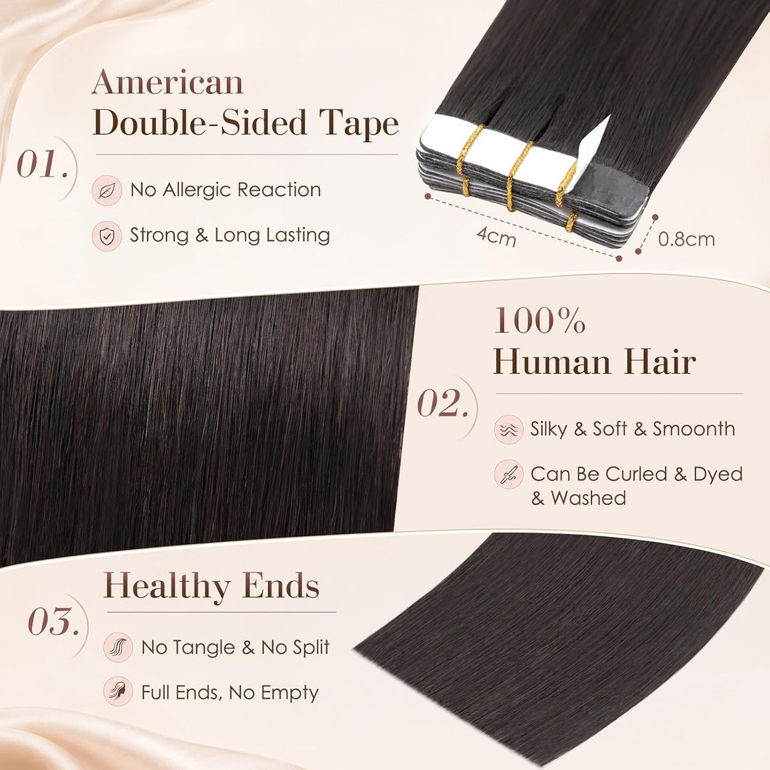 Elailite Tape Extensions Echthaar Naturschwarz, 10 Stück 20g Kleber Haarverlängerungen Invisible Gla
