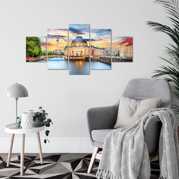 Runa Art Wandbilder Berlin 5 Teilig Bild auf Vlies Leinwand Deko Wohnzimmer Büro Städte Blau Bunt 03