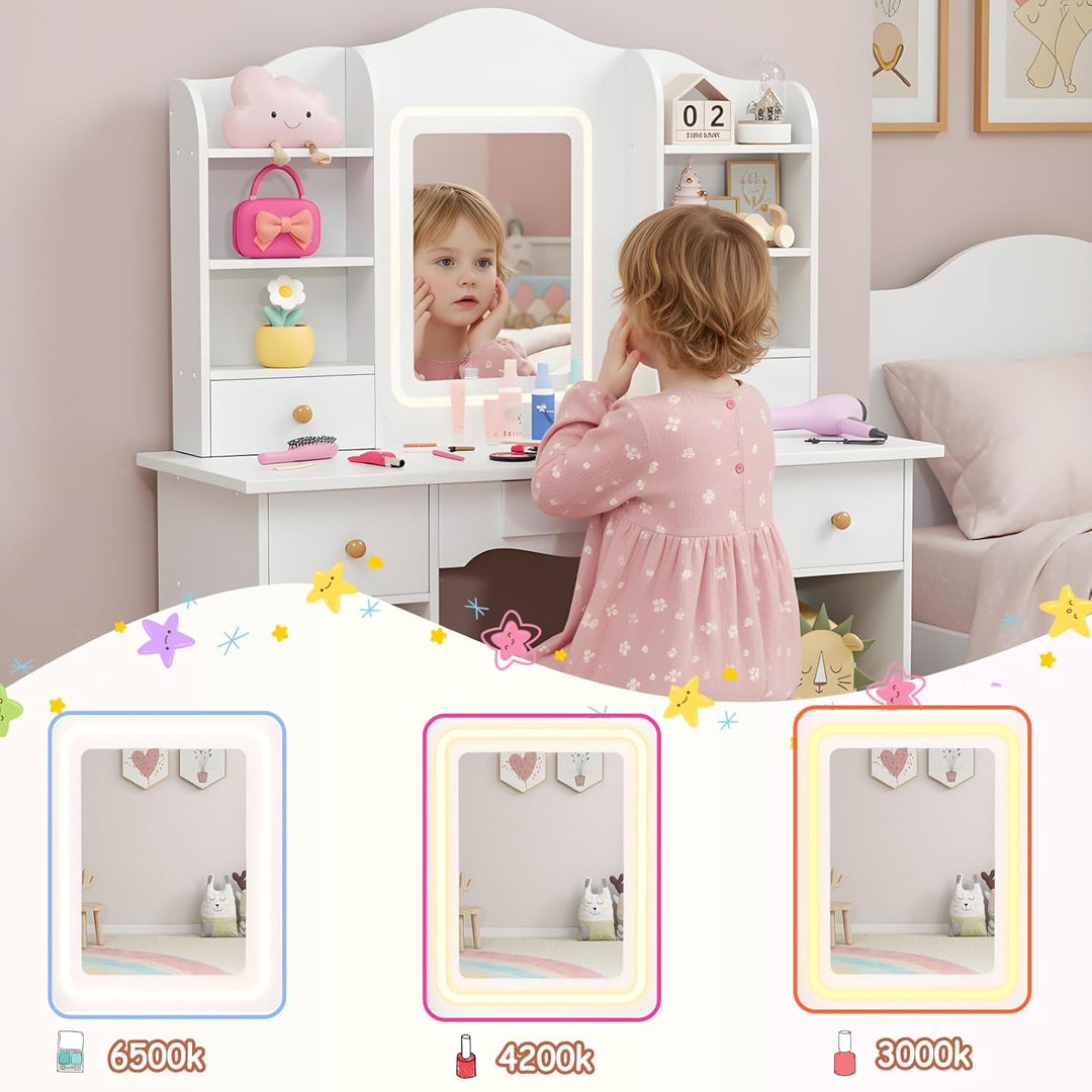 Clevich Schminktisch Kinder Set, Kinderschminktisch mit LED Beleuchtung, 5 Schubladen, 10 Staufächer