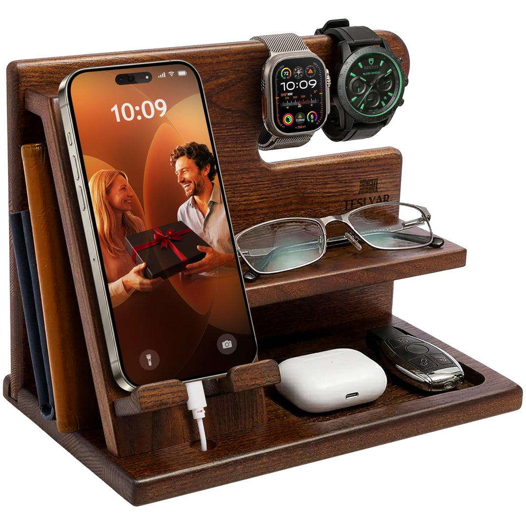 TESLYAR Holz Handyhalter & Dockingstation - Organizer für Brieftasche Schlüssel & Uhr Valentinstag G