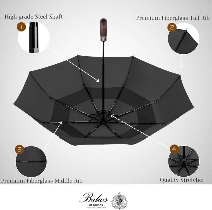 Balios® Regenschirm Mit Echtem Holzgriff -Optional | Auf Zu Automatik | Sturmfest & Windsicher | Tas