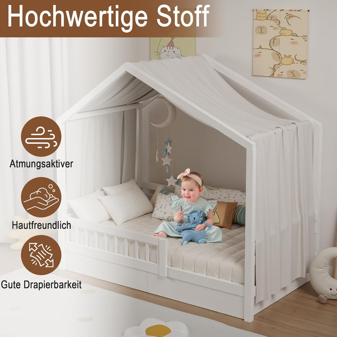 Hausbett Himmel, Betthimmel Hausbett aus Baumwolle Musselin, Stoffhimmel für Hausbetten Mädchen Jung
