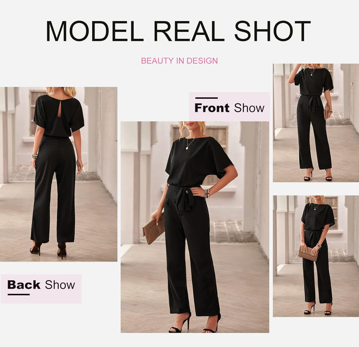 Dokotoo Damen Kurzarm Lang Jumpsuit Elegant Overall Jumpsuits O-Ausschnitt Playsuit Romper Hosenanzu