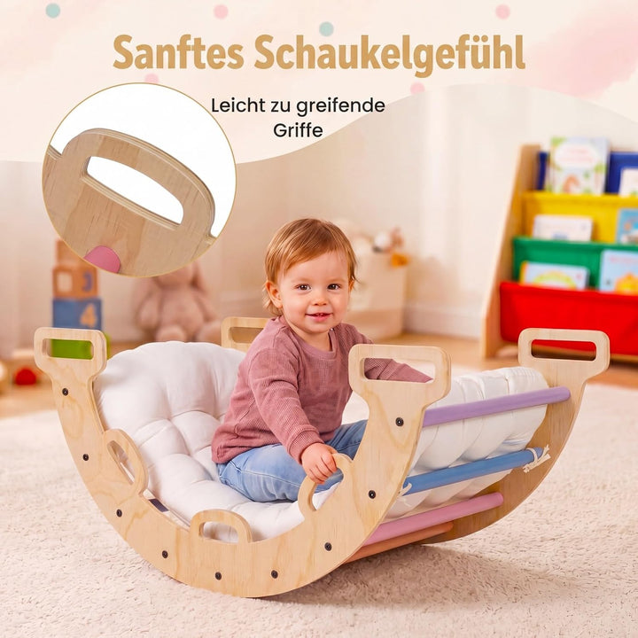 COSTWAY Kletterbogen Holz mit Kissen, Montessori Kletterwippe, Kletterdreieck zum Wippen, Klettern u