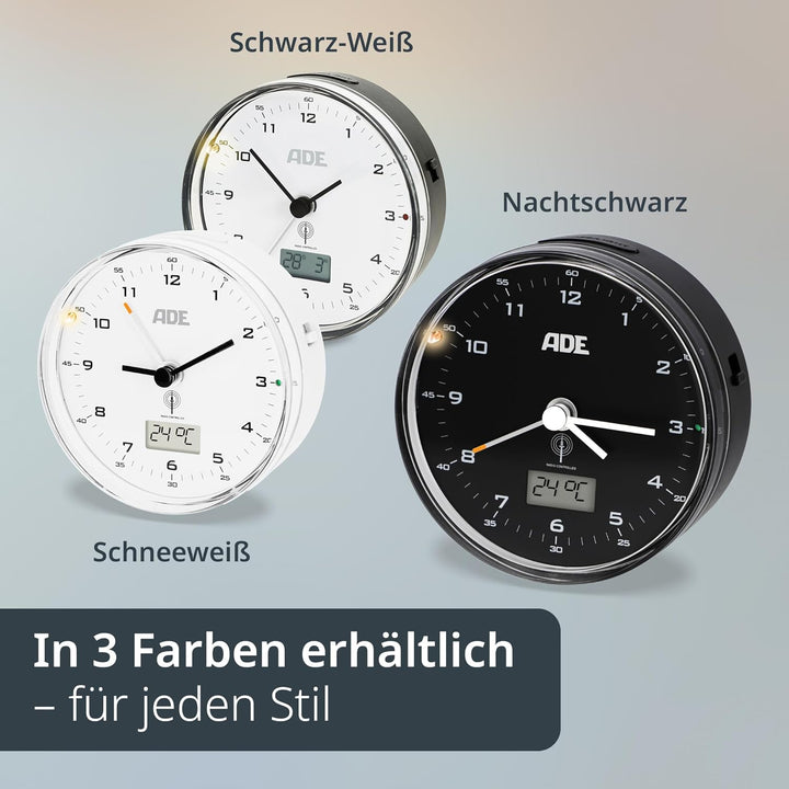 ADE Funk wecker analog ohne Ticken | Uhr mit Temperaturanzeige und Kalender | lautloser analoger Wec