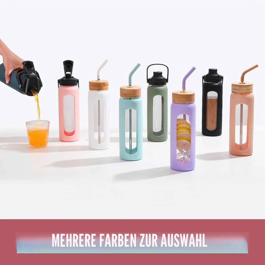 BLUEGO 700ml Glaswasserflasche mit Strohhalm und 2 Deckeln Kaffeetasse aus Glas mit Zeitmarkierung u