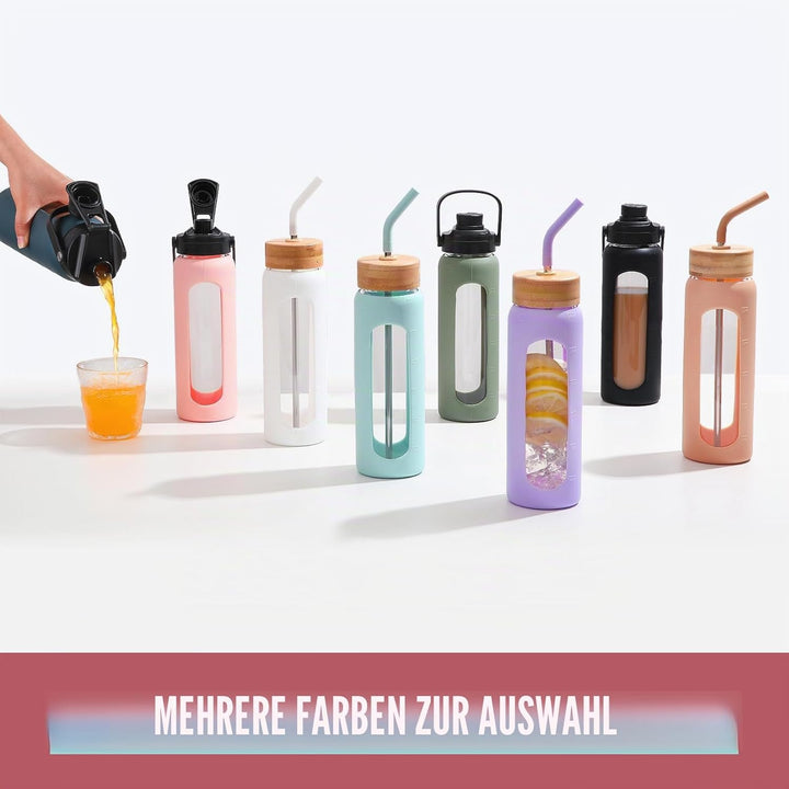 BLUEGO 700ml Glaswasserflasche mit Strohhalm und 2 Deckeln Kaffeetasse aus Glas mit Zeitmarkierung u