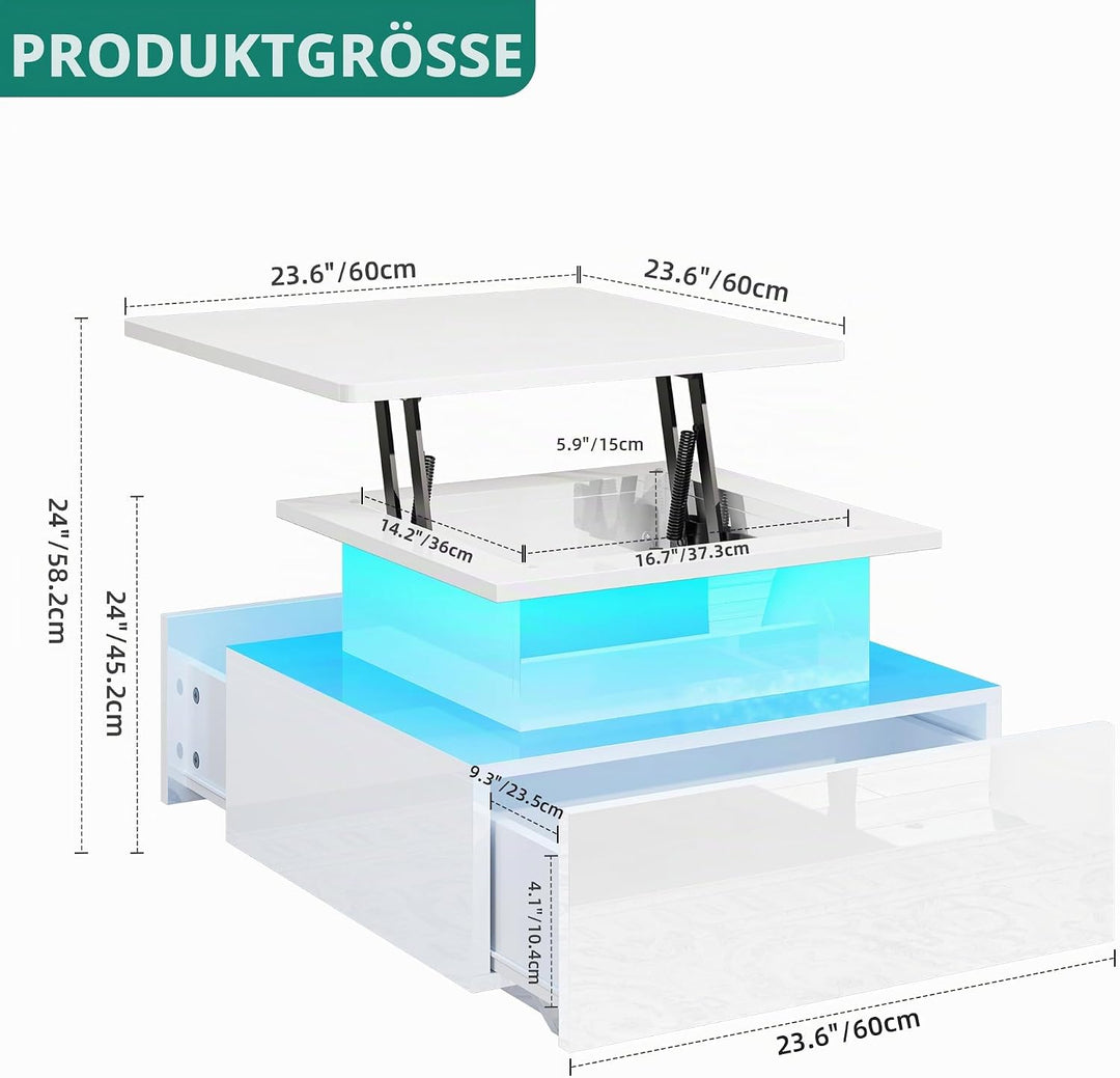 YITAHOME Couchtisch Höhenverstellbar mit LED Beleuchtung Modern, 60x60x45cm, Wohnzimmertisch Hochgla