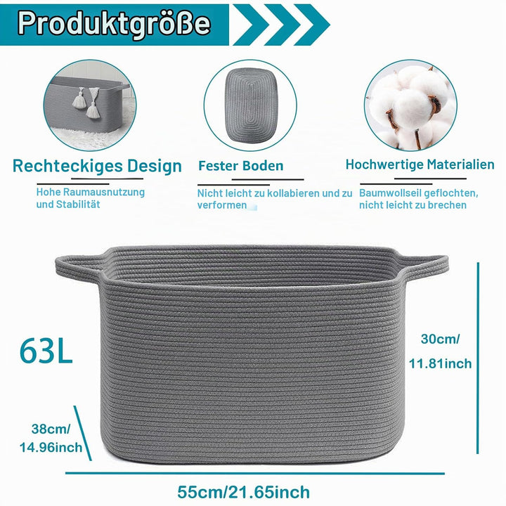 Baumwollseil Aufbewahrungskorb Square(63L, Dunkelgrau), Aufbewahrungskorb Kinder mit Griffen, Korb A