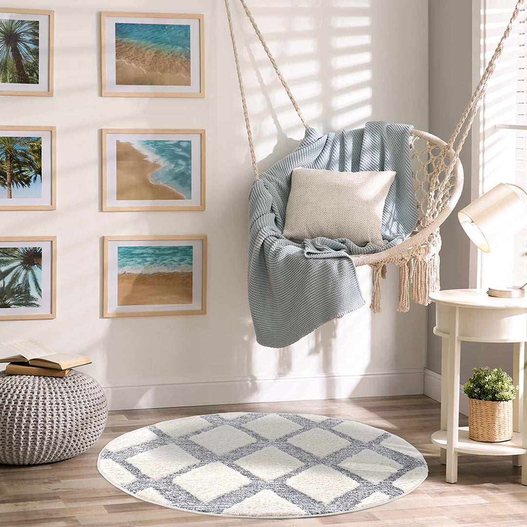 payé Teppich Rund - Skandinavisch Hochflor- 160x160cm - Boho - Pastell Cream Grau - Modern Raute Mus
