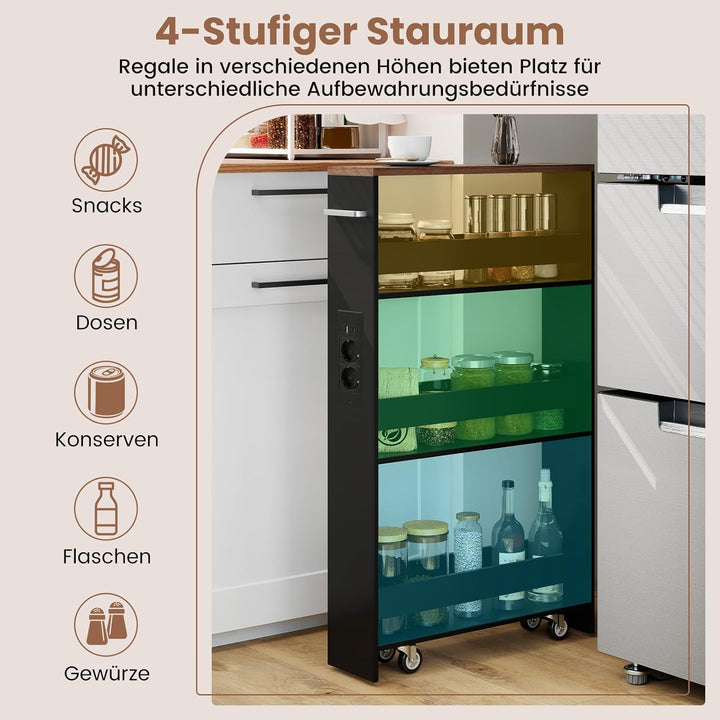 COSTWAY Nischenwagen 13cm breit, 4 Etagen Küchenwagen schmal mit Ladestation, Nischenregal auf Rolle