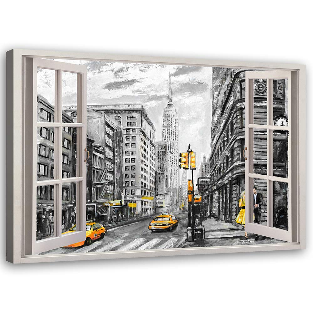 Feeby Wandbild Fenster-Illusion Druckbild Leinwandbild New York Gelb 90x60 cm Leinwandbild 90x60 cm
