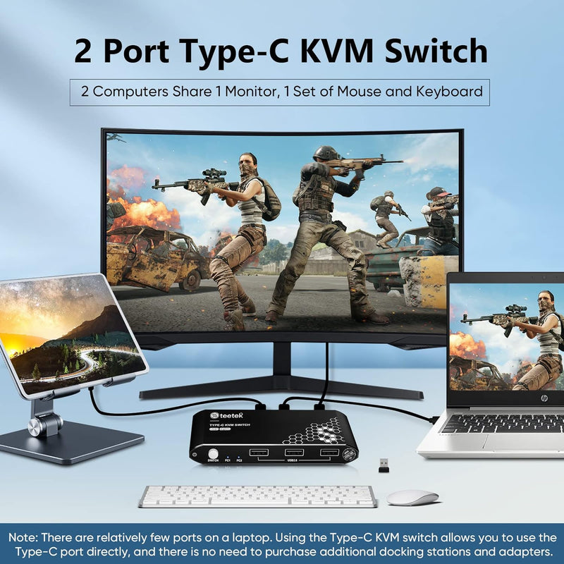 USB C KVM Switch 2 In 1 Out,4K@60Hz, KVM Switches USB2.0,HDMI 2.0, PD3.0,Type C Switch,USB C KVM 2 P