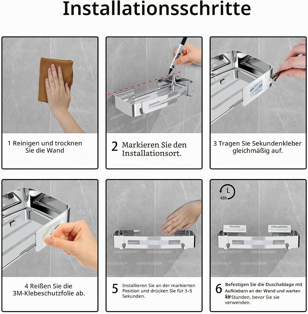 Strength Enemy Duschkorb ohne Bohren, Duschkörbe Selbstklebend, Dusch Organizer mit 2 Haken, Rostfre