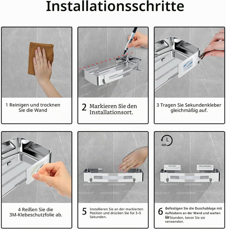 Strength Enemy Duschkorb ohne Bohren, Duschkörbe Selbstklebend, Dusch Organizer mit 2 Haken, Rostfre