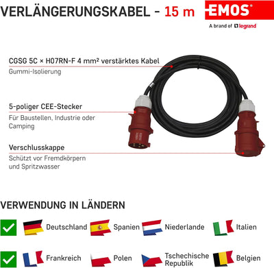 EMOS CEE-Verlängerungskabel 15m 5-polig Stecker, 5X 32 A / 400V / 22 000 W, 4 mm2, IP44 wasserdichte