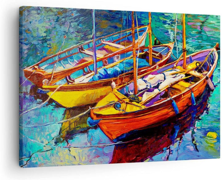 Bilder auf Leinwand Boote Bunt Angeln Wasser Leinwandbild 70x50cm Wandbilder Dekoration Wohnzimmer S