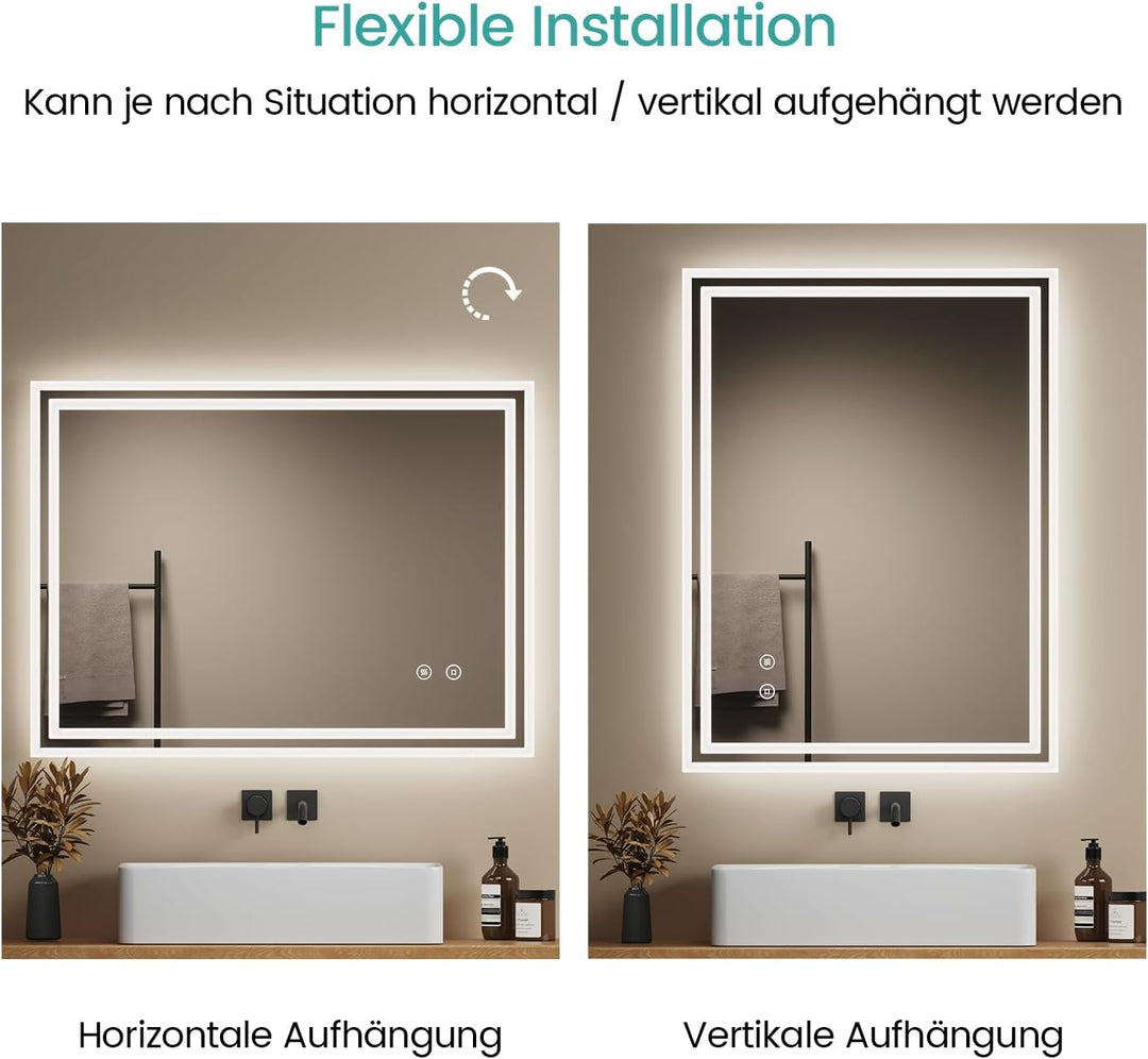 EMKE Badspiegel mit Beleuchtung 80x60cm, Badezimmerspiegel mit Touch, Antibeschlag, Kaltweiss Licht