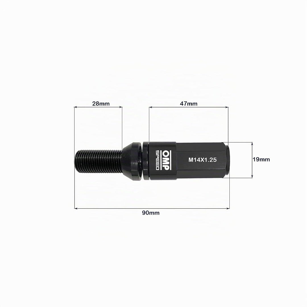 Omp SPEED Set 20 Radschrauben schwarz mit metrischer M14X1.25 Schlüssel 17-19 lang Gewinde 28 mm mit