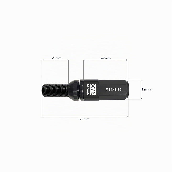 Omp SPEED Set 20 Radschrauben schwarz mit metrischer M14X1.25 Schlüssel 17-19 lang Gewinde 28 mm mit