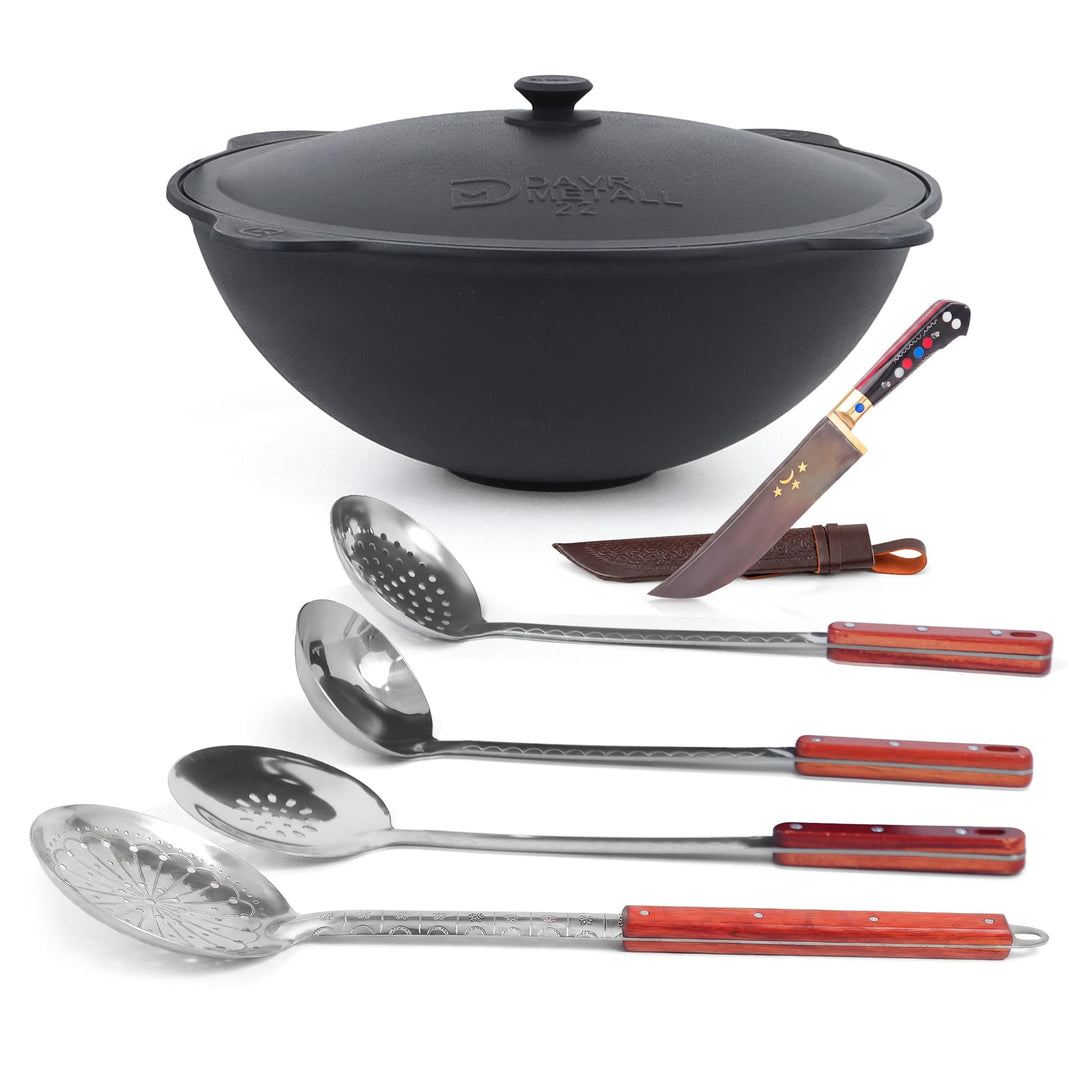 Kazan Gusseisen Kasan22 L flacher Boden Messer Schaumlöffel | Authentisches usbekisches Kasan Set (2