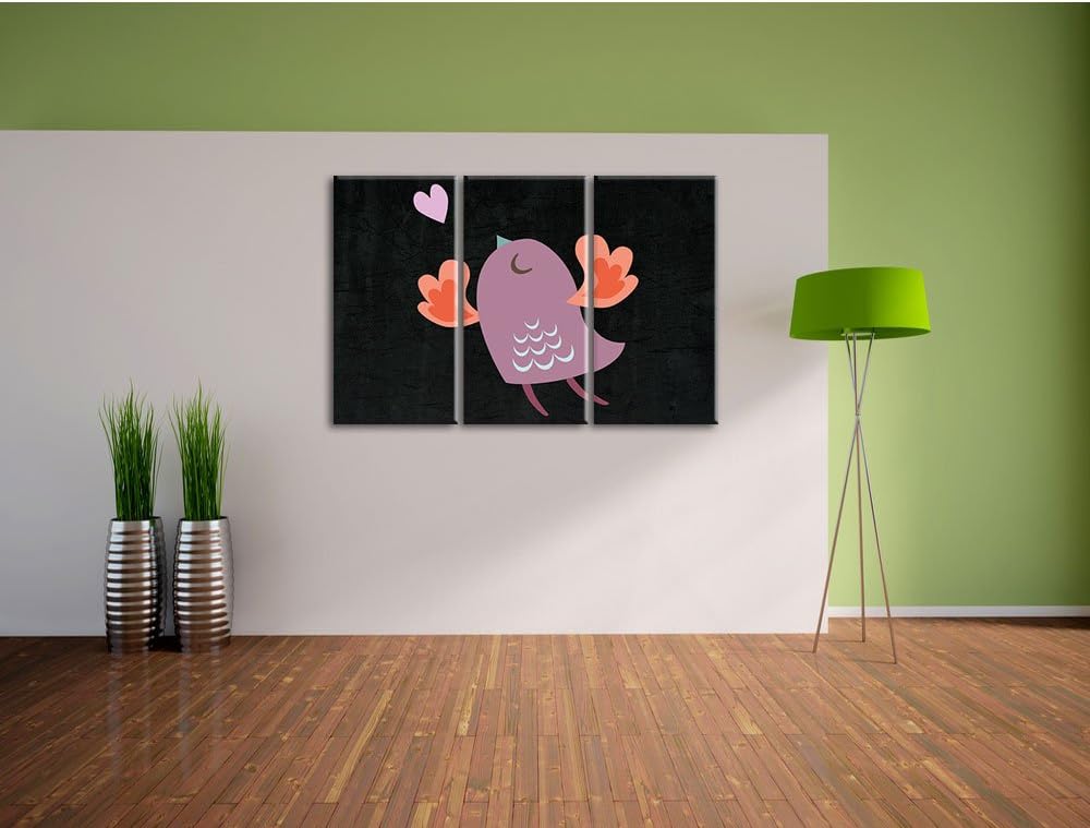 Pixxprint Niedlicher Vogel mit Herz als Leinwandbild/Grösse: 3 Teilig (120x80) cm/Wandbild/Kunstdruc