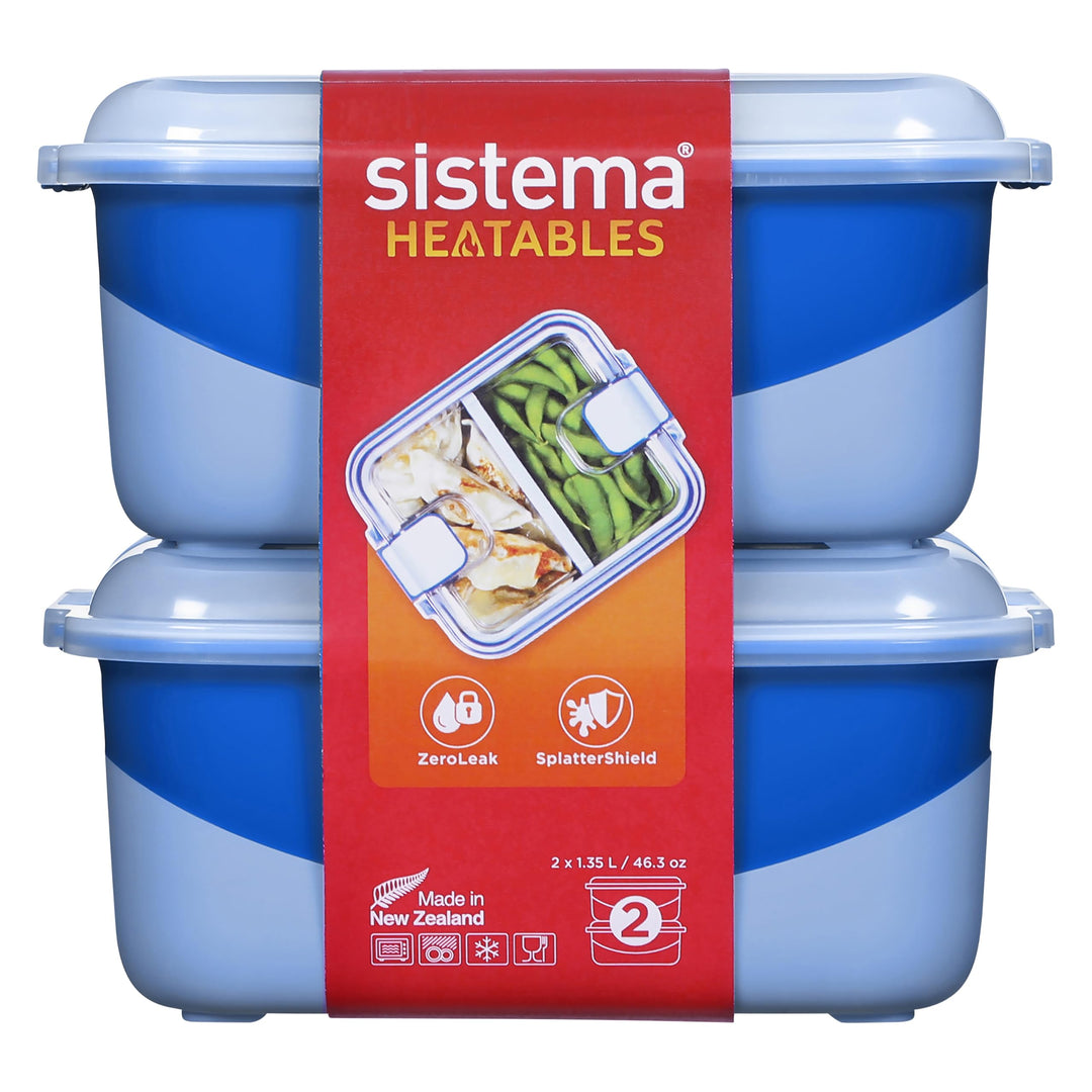 Sistema Heatables Microwave Food Containers | 1.35L | Leakproof Meal Prep Containers with Lids | 2 C