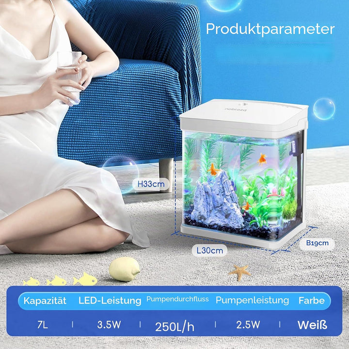 Nobleza - Nano-Fischtank-Aquarium mit LED-Leuchten & Filtersystem, tropischeAquarien, 14 Liter, Weis