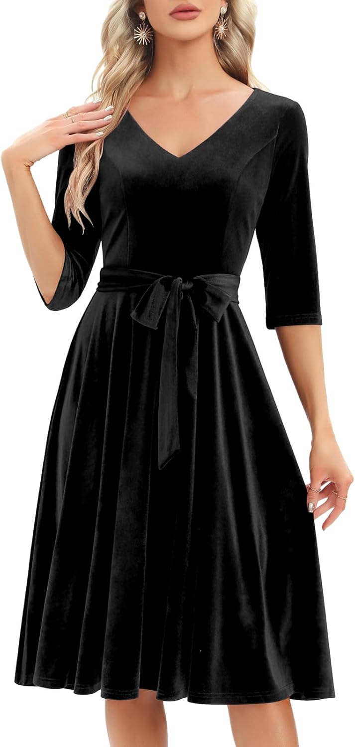 Bbonlinedress Rockabilly Kleider Damen 3/4 arm V-Ausschnitt Midi Langarm Festliche Kleider für Hochz