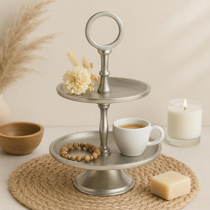 Marrakesch Deko Aesthetic Etagere 2 Etagen Obstschale rund Silber 26 cm hoch | Sevierplatte 2 Tablet