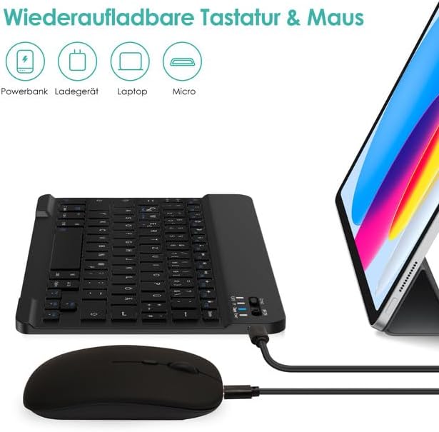 LAMA Kabellose Bluetooth Tastatur & Maus, wiederaufladbare Ultra-dünn Universal Tablet Tastatur, kom