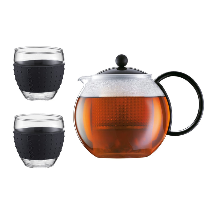 Bodum K1844-01-2 Assam Set Teekanne mit 2 Gläser 35 cl mit Silikonband, 1 Liter, Schwarz