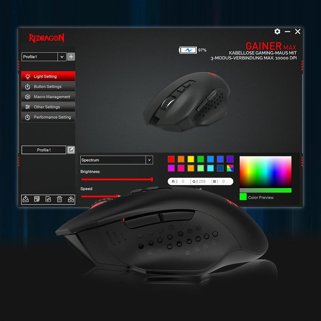 Redragon M656 MAX 3-Modi Gaming Maus, 10000 DPI wiederaufladbare Gaming Maus mit 5 DPI-Stufen, 7 Mak