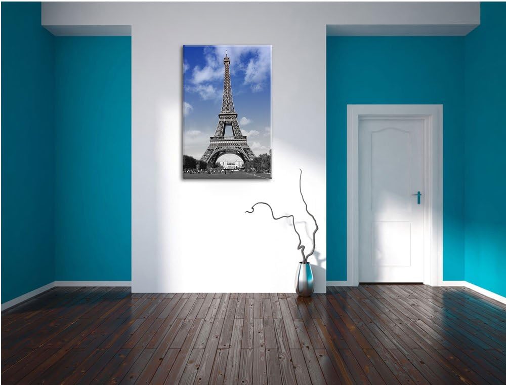 Eifelturm mit blauem Himmel Paris schwarz/weiss Format: 100x70 auf Leinwand, XXL riesige Bilder fert