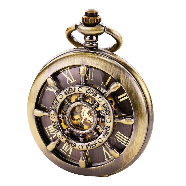 TREEWETO Unisex Taschenuhr mit Kette Analog Mechanisch Handaufzug Doppelscharnier Ruder Skelett Bron