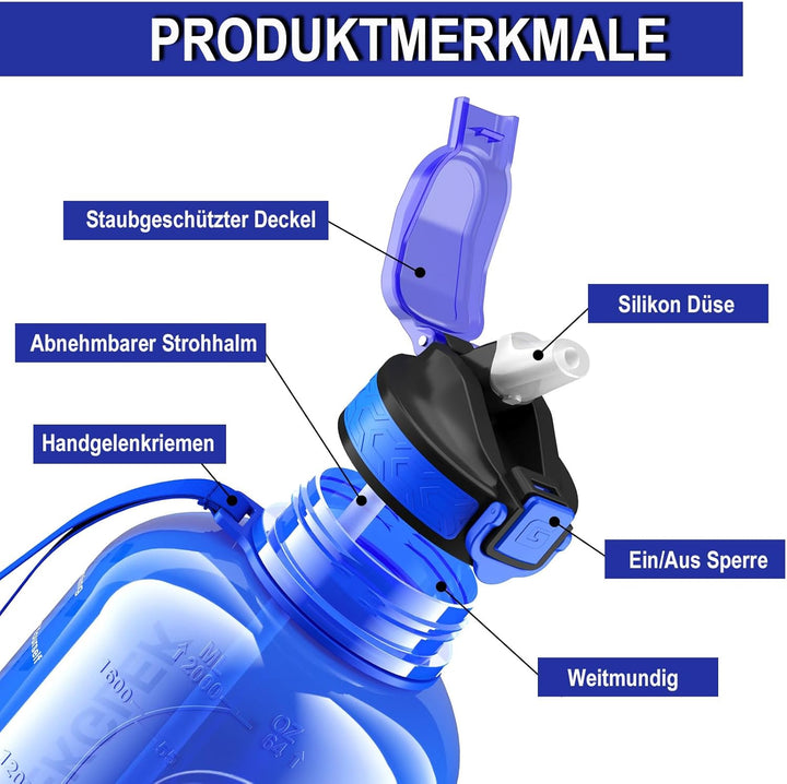 Wasserflasche 2 Liter mit Strohhalm, Motivierende Trinkflasche Sport für Fitnessstudio, Büro, Bau, W