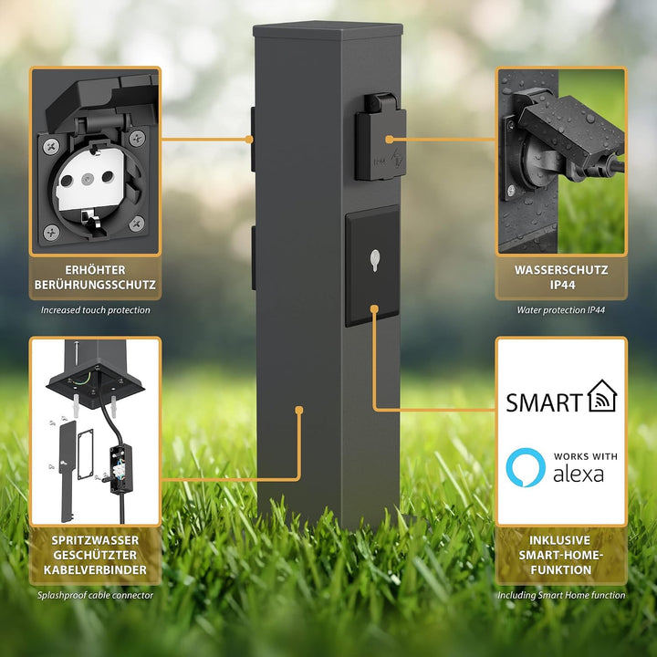 ledscom.de Garten-Steckdosen-Säule Polly mit Erdspiess und 2m Kabel für aussen, IP44, 3-Fach, Smart
