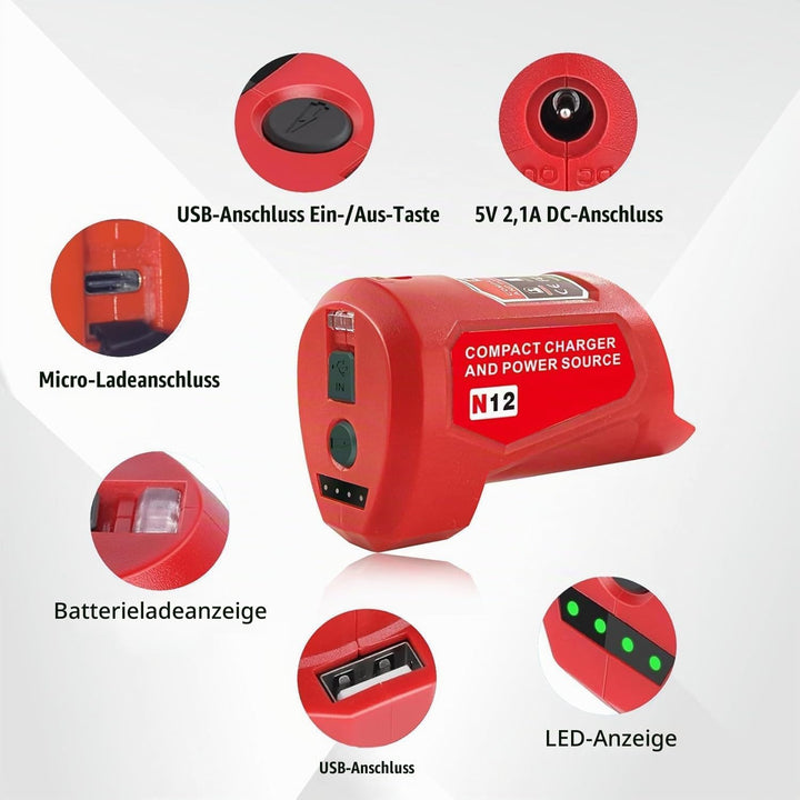 M12 Akku Ladegerät mit Typ-C Anschluss &amp; DC 12V Ausgang, Ersatz-Netzteil für Milwaukee M12 12V Akku