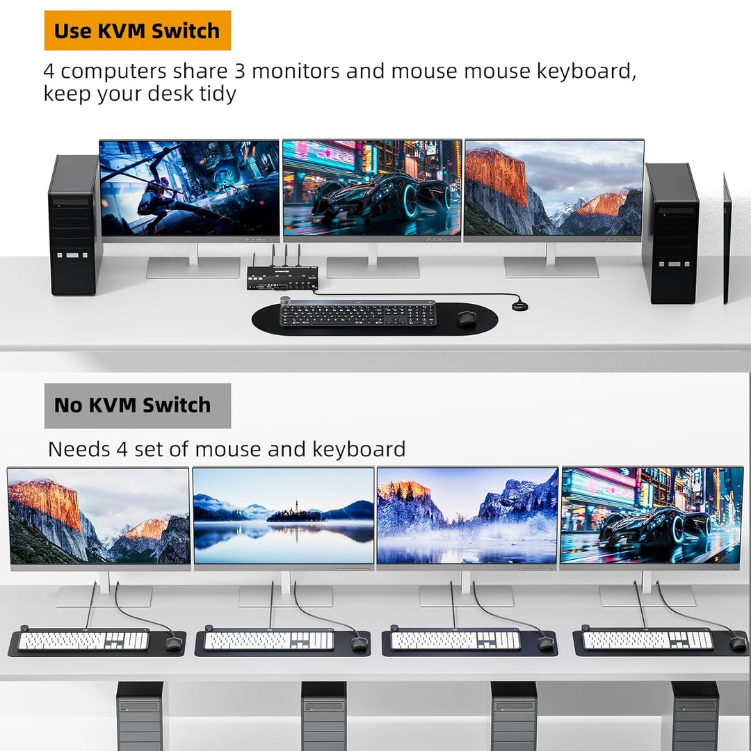 KVM Switch 3 Monitore 4 PC, 2 Displayport + 1 HDMI USB 3.0 KVM-Umschalter, unterstützt 4K@60 Hz für