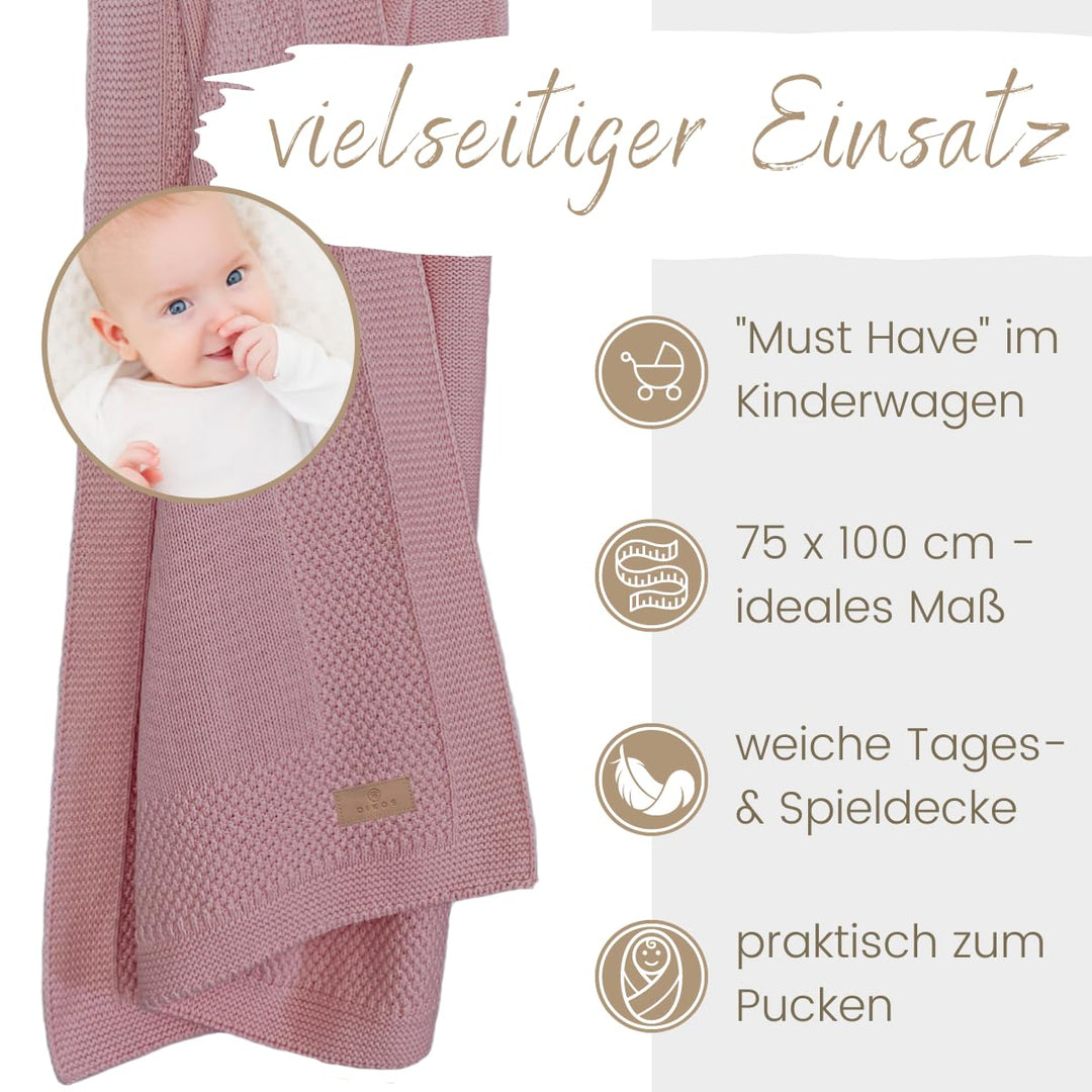 DIKOS® Babydecke GOTS Bio Baumwolle Beere | kuschelweiche Neugeborenen Baby Decke | Strickdecke Schm