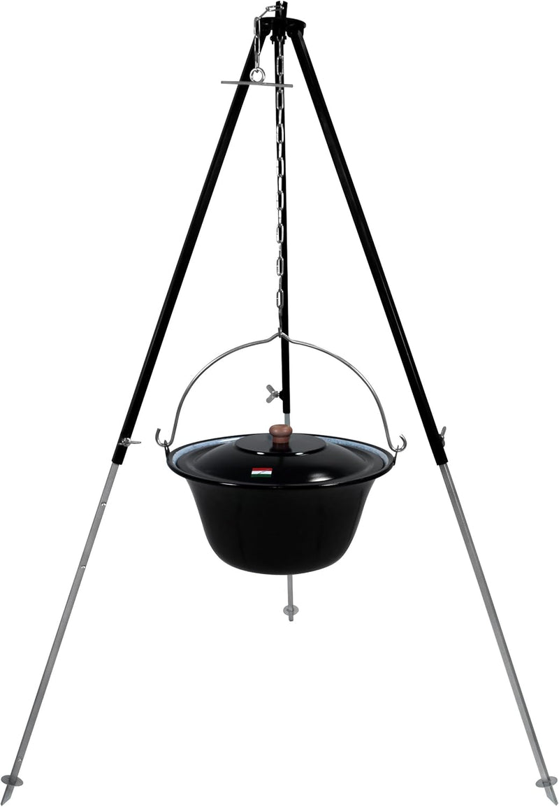 GRILLPLANET Original ungarischer Gulaschkessel 10 Liter emailliert | Dreibein-Gestell 130cm Teleskop