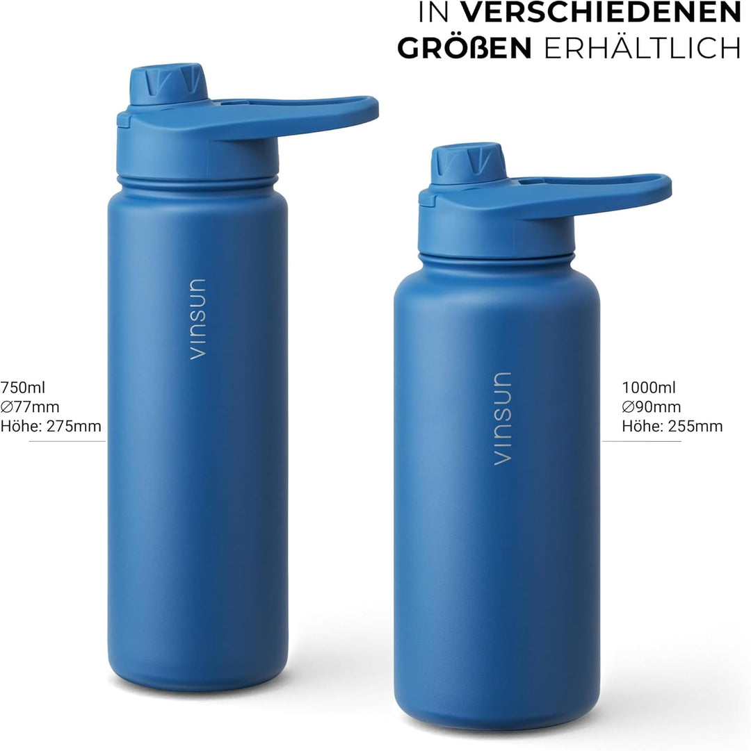 Vinsun Trinkflasche Edelstahl azurblau 750ml - auslaufsicher, Kohlensäure geeignet, BPA frei - Stroh