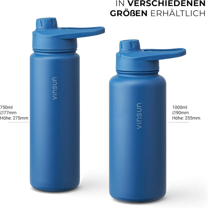 Vinsun Trinkflasche Edelstahl azurblau 750ml - auslaufsicher, Kohlensäure geeignet, BPA frei - Stroh